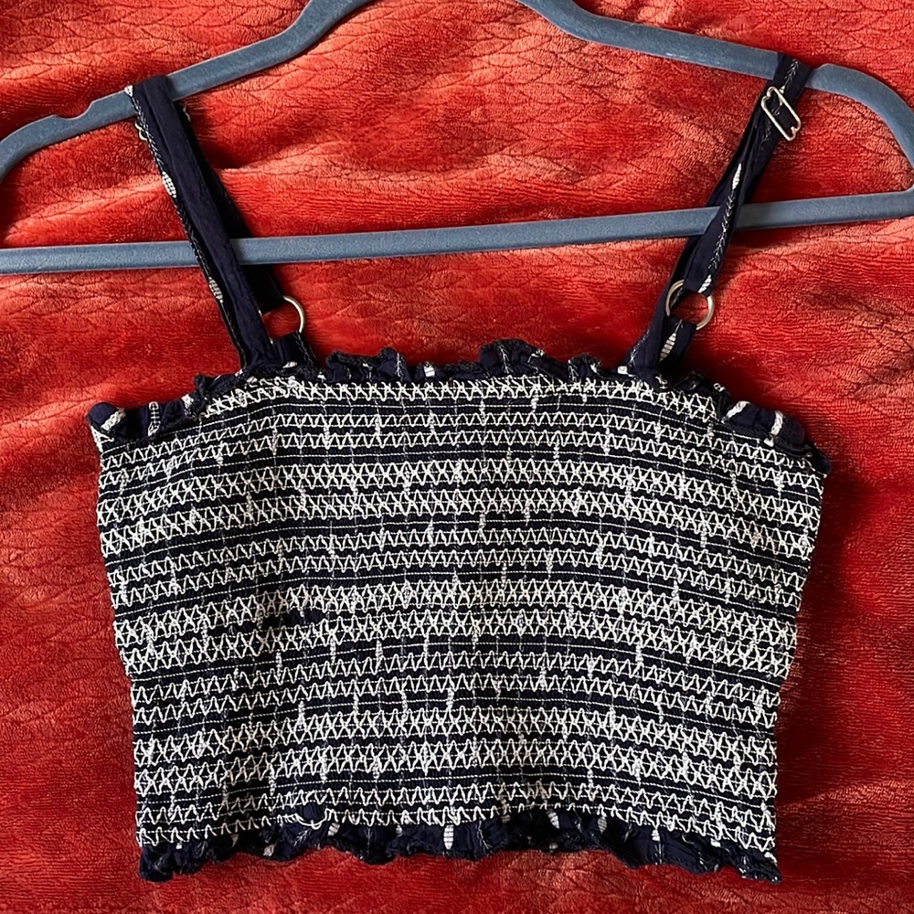 Navy blue and white ruched crop top